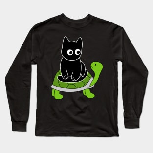 Black Cat Riding on Green Turtle Long Sleeve T-Shirt